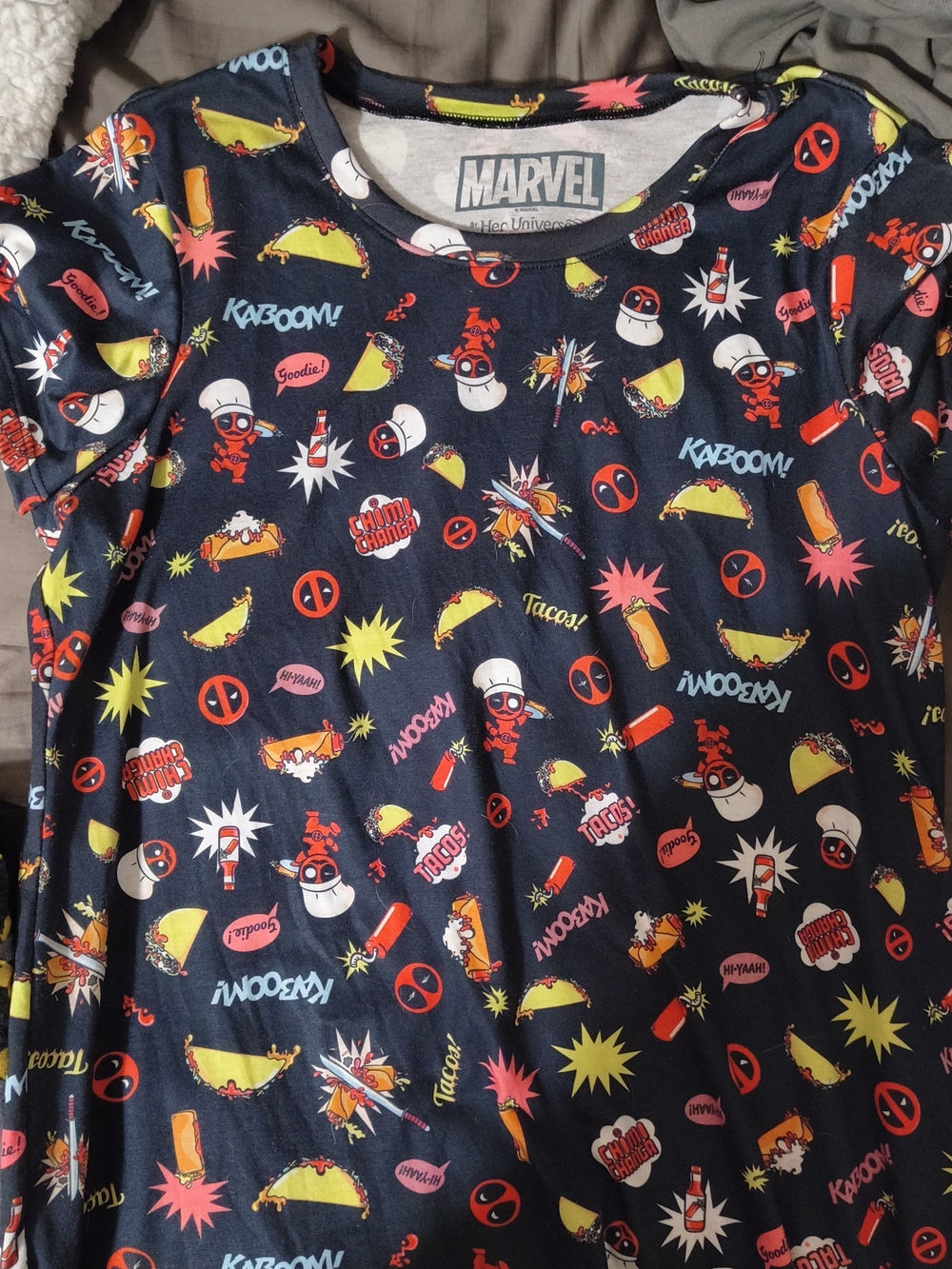 Marvel By Her Universe Deadpool Comic Taco Pattern Tee - Black, Red, Yellow